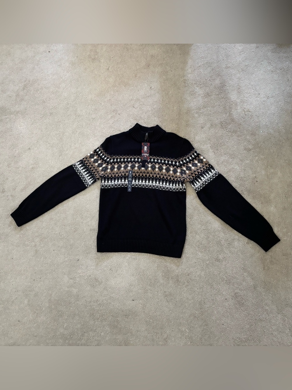 Izod Black Quarter Zip Sweater with Tan and White Fair Isle Yoke